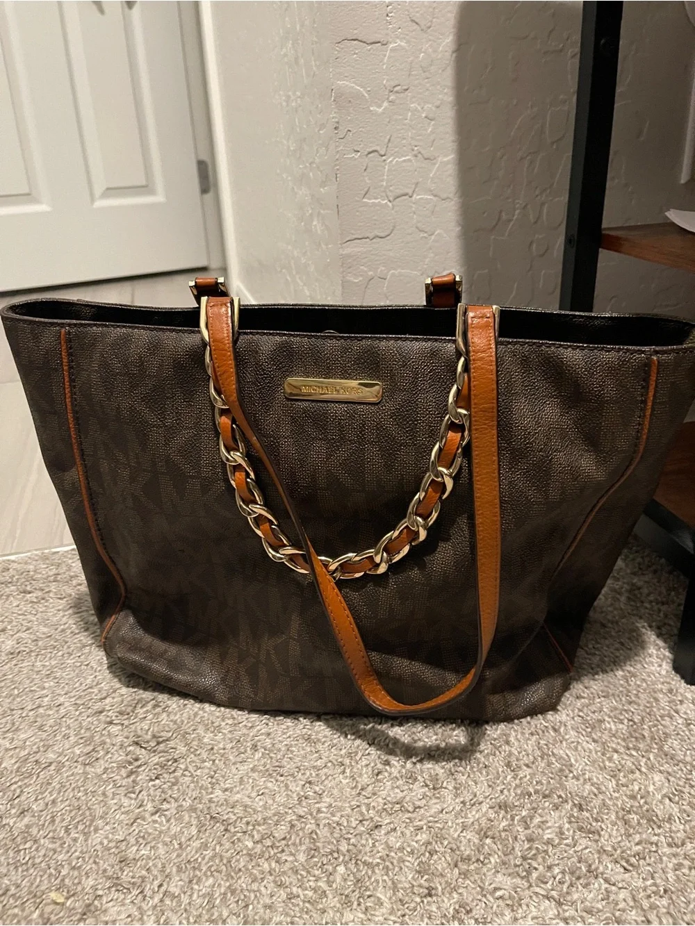 Michael Kors Dark Brown Signature Tote with Tan Leather and Gold Chain